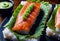 Deliciously prepared Japanese high quality sushi fish with wasabi, color and texture of meat, Japanese restaurant