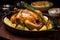 Deliciously seasoned roast chicken sizzling in a hot pan, creating a mouthwatering aroma