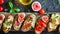 Deliciously Sweet Bruschetta Symphony: Fig, Watermelon, Cherry Tomatoes, Cheese, and Honey Fiesta --