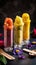 Deliciously vibrant Trio of colorful ice cream popsicles with mouthwatering flavors - strawberry, mango, and blueberry - perfect