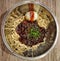 A Delicous Spicy Bowl of Korean Fried Noodle with Boiled Egg jajangmyeon