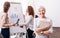 Delighted aged businesswoman holding the clipboard in the office