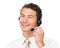 Delighted customer service agent with headset on