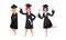 Delighted Girl Students in Academic Gown and Square Cap Cheering About Graduation Ceremony Vector Set