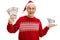 Delighted senior holding money bundles and small empty shopping