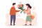 Delighted woman receives flowers from delivery person. Joyful girl obtains flower arrangement for birthday or anniversary. Vector