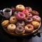 A delightful arrangement of coffee and an assortment of donuts of various flavors awaits on a rustic wooden tray