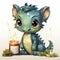 Delightful baby dragon enjoying a splash, surrounded by bubbles, with cute bottles and vibrant flower. Ideal for fantasy