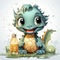 Delightful baby dragon enjoying a splash, surrounded by bubbles, with cute bottles and vibrant flower. Ideal for fantasy