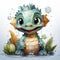 Delightful baby dragon enjoying a splash, surrounded by bubbles, with cute bottles and vibrant flower. Ideal for fantasy