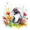 Delightful Baby Skunk in a Colorful Flower Field for Art Prints and Greetings.