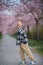 Delightful blond-haired boy in plaid shirt and light-colored pants walks through the cherry blossom park. Spring. Flowers.