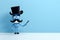 Delightful cartoon character with a top hat and mustache, set against a blue background with ample copyspace. Perfect fo