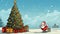 A delightful cartoon xmas card adorned with a Santa and a festive Christmas tree. Generative AI.
