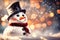A delightful close-up of a Christmas snowman set against a backdrop of light bokeh, creating a magical and festive atmosphere. The