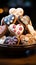 Delightful confections Heart shaped glazed cookies adorned with flower patterns on a wooden stand