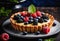 A delightful fruit tart with layers of pastry cream, blackberry, raspberry, and blueberry.