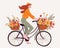 Delightful girl pedaling a bike with a basketful of blooms. Lovely woman cycling. Eco mobility concept. Perfect for web