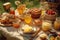 A delightful, honey picnic , featuring an array of honey infused treats, such as honey glazed pastries, honey drizzled fruit, and