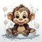 Delightful illustrated monkey enjoying a splashy bath, radiating joy and detailed artistry with water droplets.