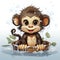 Delightful illustrated monkey enjoying a splashy bath, radiating joy and detailed artistry with water droplets.