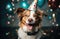 In this delightful image, a dog dons a party hat, creating a playful atmosphere as it extends a heartwarming birthday