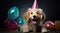 In this delightful image, a dog dons a party hat, creating a playful atmosphere as it extends a heartwarming birthday