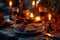 This delightful image showcases a Purim banquet table laden with customary dishes and wine, where the gentle candlelight