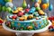 A delightful image showcasing a children\\\'s birthday cake adorned with colorful fondant and charming little cars.