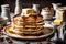 A delightful image of a stack of fluffy pancakes, drizzled with maple syrup and topped with a perfect pat of melting butter