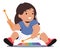 Delightful Little Child Sits On The Floor With A Rainbow Xylophone. Baby Girl Character With Wide Focused Eyes