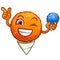 A delightful orange snow cone cartoon character winking and pointing with a snowcone in hand