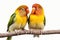 Delightful pair of agapornis fischeri lovebirds isolated against a bright white background