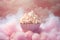 A delightful pink bowl filled with popcorn, sat atop cotton candy clouds, Pink popcorn in blurry fairy clouds, AI Generated