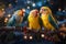 A delightful scene featuring singing pets, like parrots, budgies, and canaries, perched on festive branches, creating a harmonious