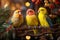 A delightful scene featuring singing pets, like parrots, budgies, and canaries, perched on festive branches, creating a harmonious