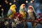 A delightful scene featuring singing pets, like parrots, budgies, and canaries, perched on festive branches, creating a harmonious