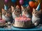 Delightful scene of a multitude of cats having a party with cake, balloons, and festive decorations exudes a sense of pure joy and