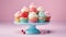 delightful vanilla cupcakes adorned with buttercream frosting and lollipops. Display them on a pastel-colored background