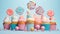 delightful vanilla cupcakes adorned with buttercream frosting and lollipops. Display them on a pastel-colored background