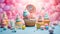 delightful vanilla cupcakes adorned with buttercream frosting and lollipops. Display them on a pastel-colored background