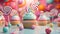 delightful vanilla cupcakes adorned with buttercream frosting and lollipops. Display them on a pastel-colored background