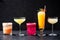 Delightful variously colored refreshment cocktail drinks