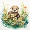 Delightful Watercolor Baby Otter Floating Amidst Kelp Forests AI Generated