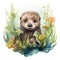 Delightful Watercolor Baby Otter Floating Amidst Kelp Forests AI Generated