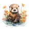 Delightful Watercolor Baby Otter Floating Amidst Kelp Forests AI Generated