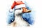 A delightful watercolor depiction of a cheerful goose donning a Santa hat