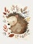 Delightful watercolor illustration of a hedgehog amidst autumn leaves.