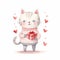 A delightful watercolor illustration of a striped cat holding a red gift box, surrounded by floating hearts, an