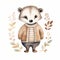 A delightful watercolor representation of a cheerful badger dressed in a caramel-colored jacket, with a gentle gaze, set